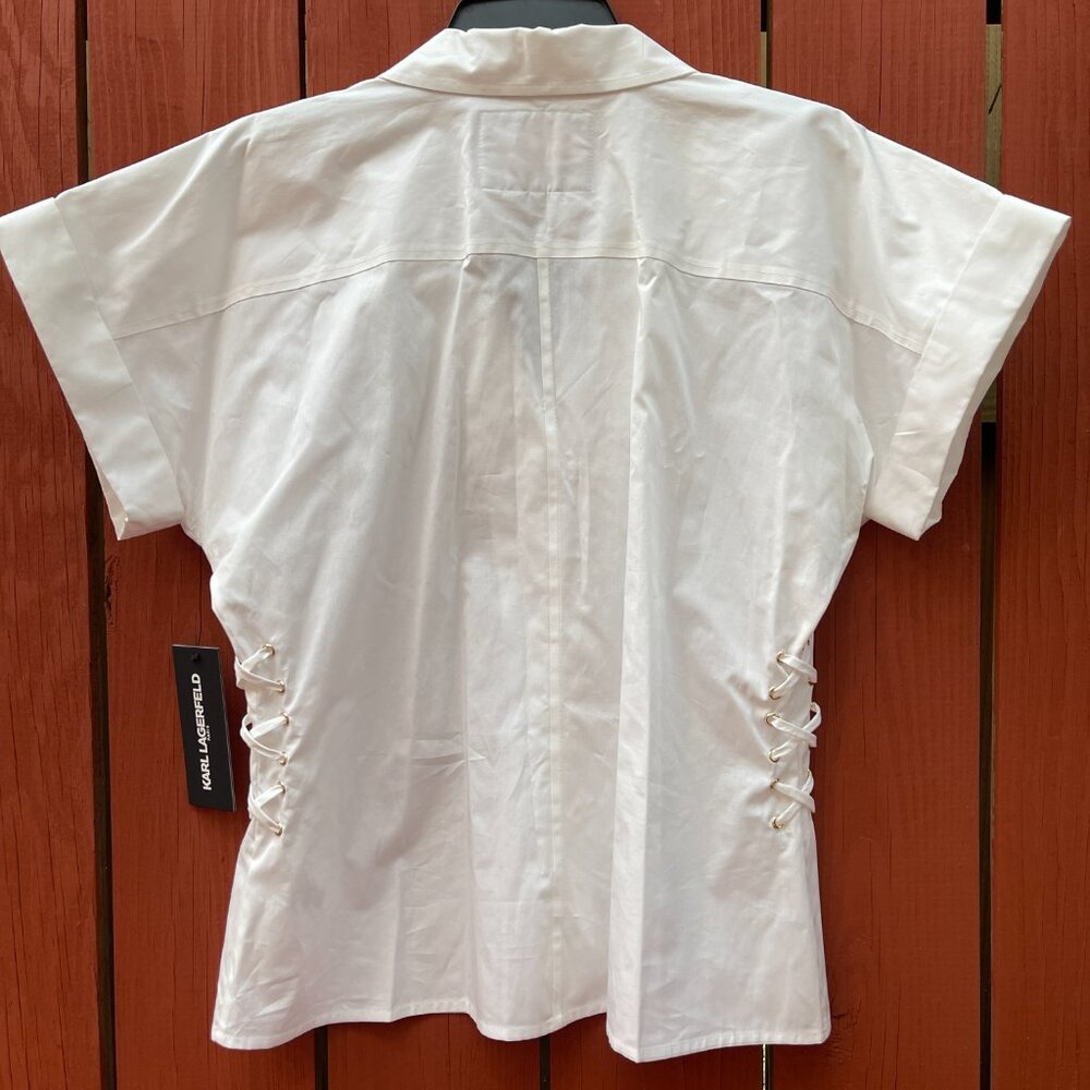 NWT $100 Karl Lagerfeld Paris limited edition white Cotton lace up Top - Picture 7 of 10